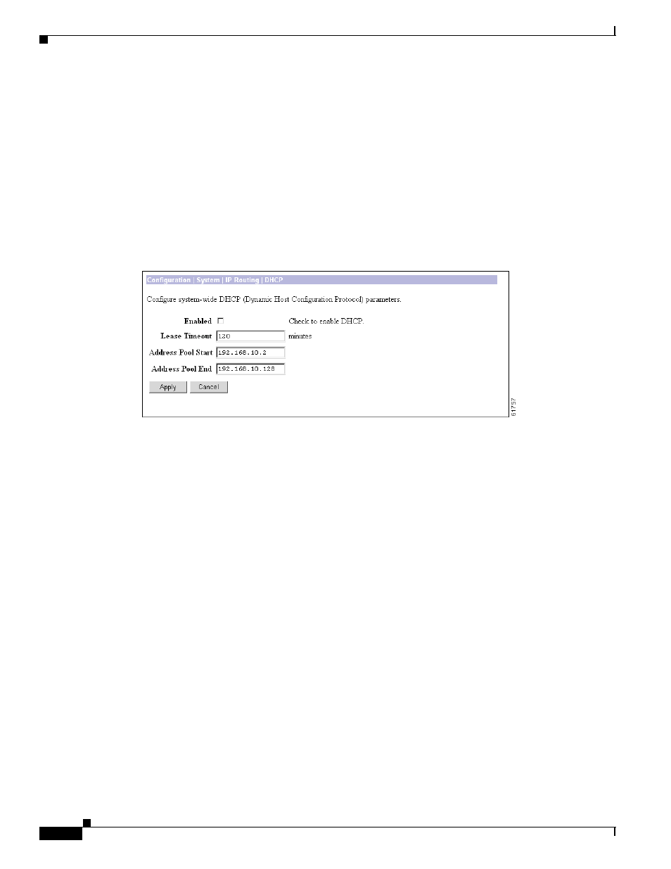 Configuration | system | ip routing | dhcp, Enabled, Lease timeout | Address pool start/end | Cisco VPN 3002 User Manual | Page 74 / 282