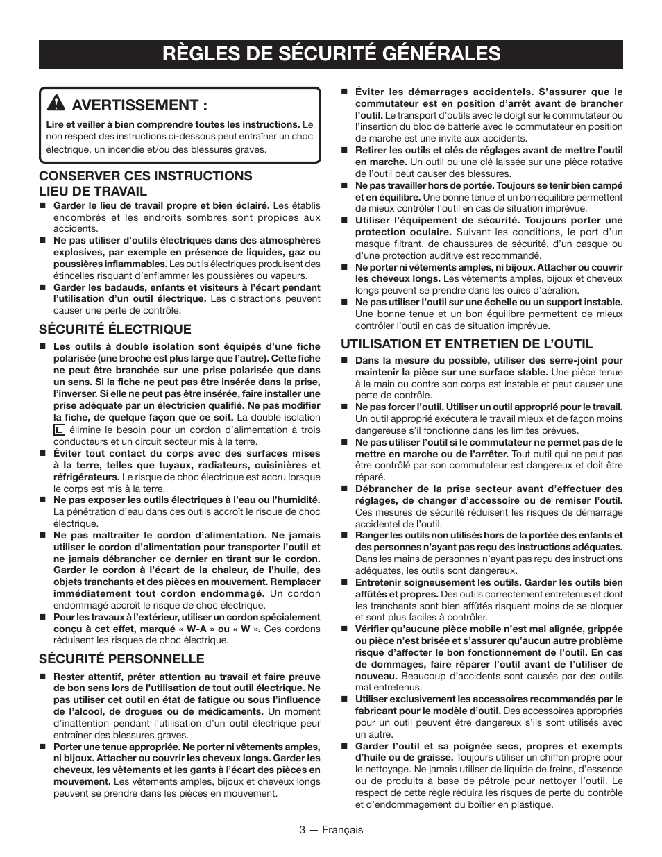 Règles de sécurité générales, Avertissement | Ryobi CFS1501 User Manual | Page 13 / 36