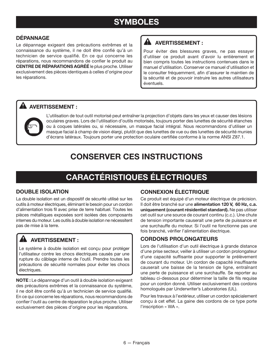 Symboles, Conserver ces instructions, Caractéristiques électriques | Ryobi CFS1501 User Manual | Page 16 / 36