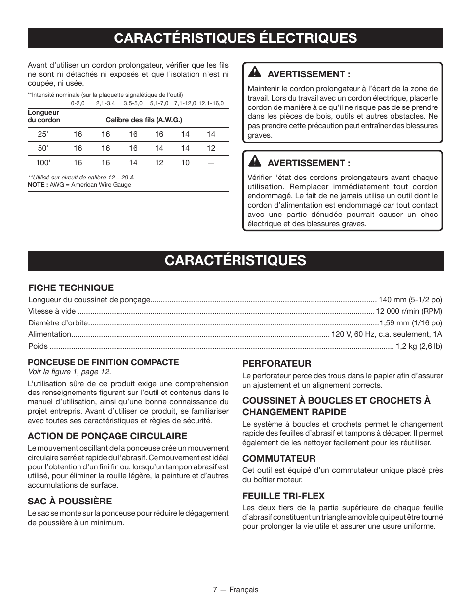 Caractéristiques électriques, Caractéristiques | Ryobi CFS1501 User Manual | Page 17 / 36