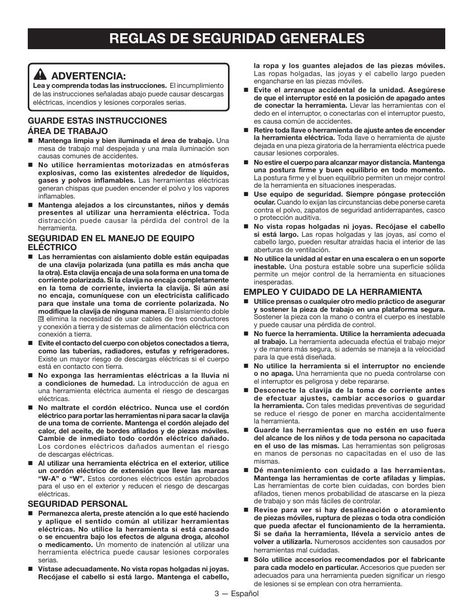 Reglas de seguridad generales, Advertencia | Ryobi CFS1501 User Manual | Page 23 / 36