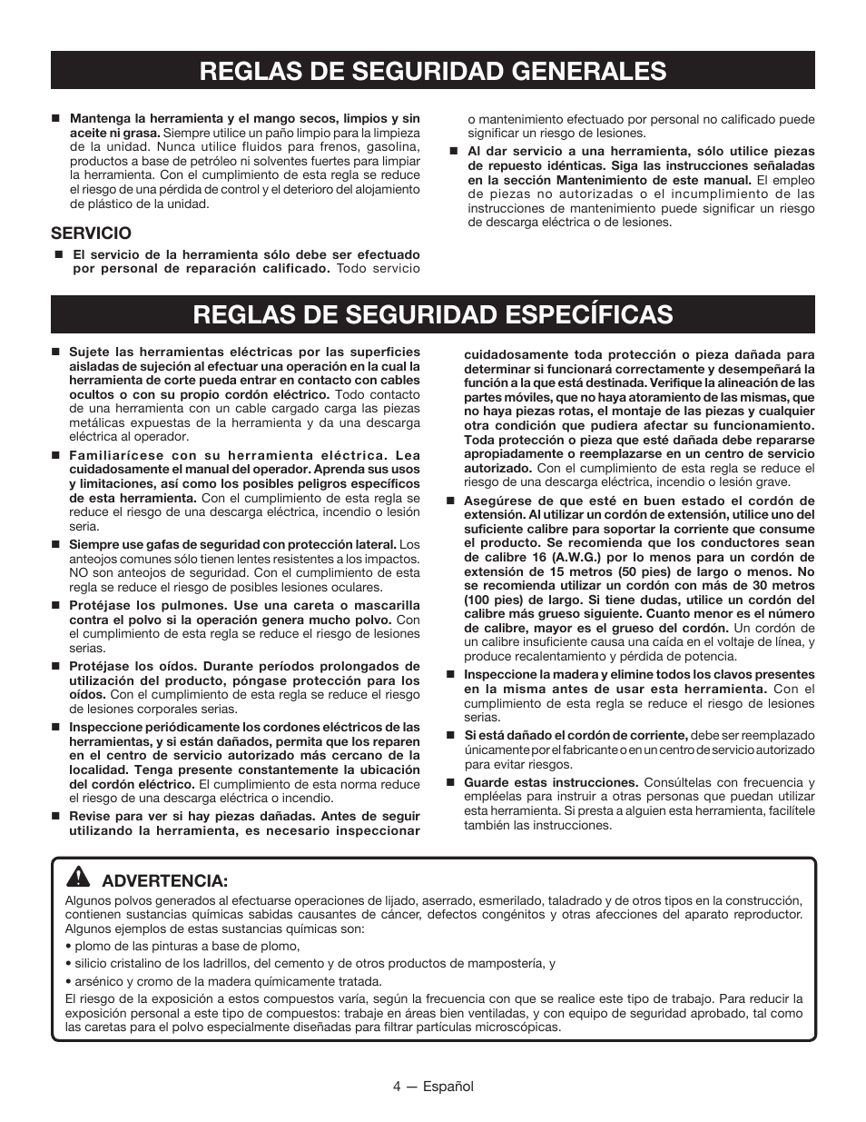 Servicio, Advertencia | Ryobi CFS1501 User Manual | Page 24 / 36