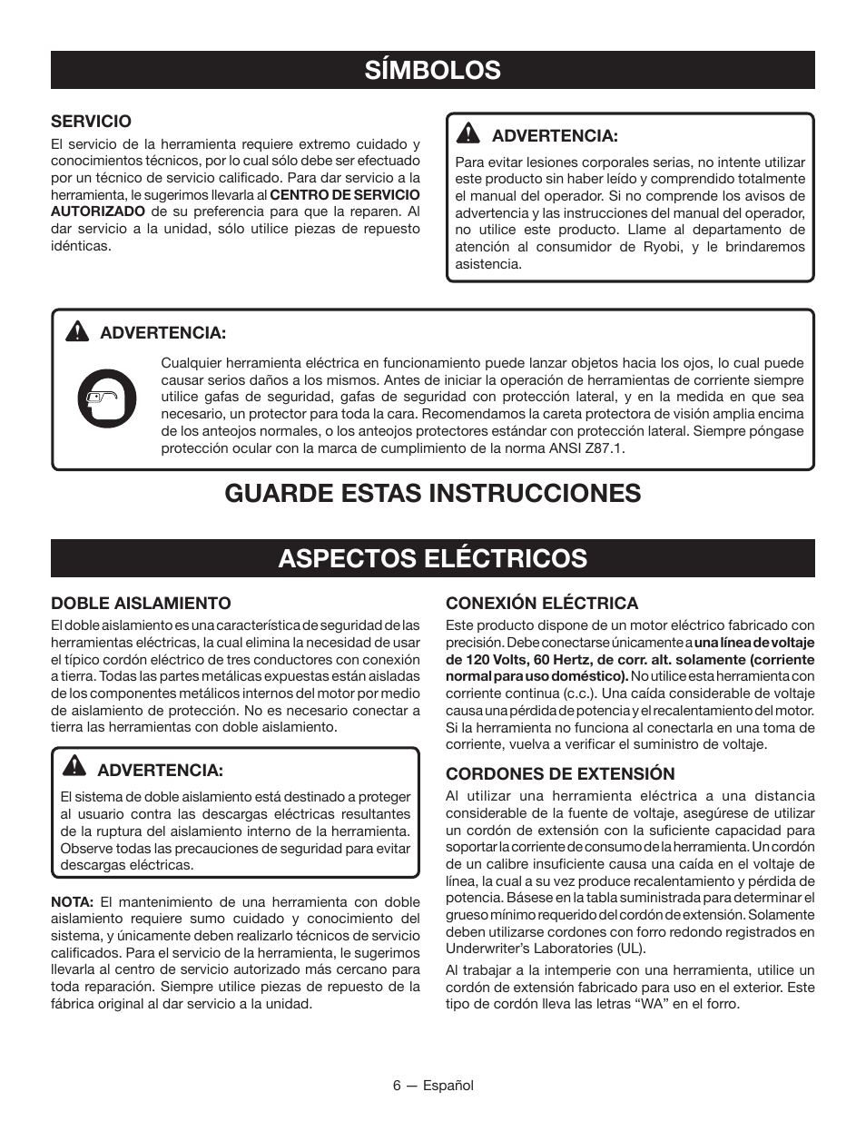 Símbolos, Guarde estas instrucciones, Aspectos eléctricos | Ryobi CFS1501 User Manual | Page 26 / 36