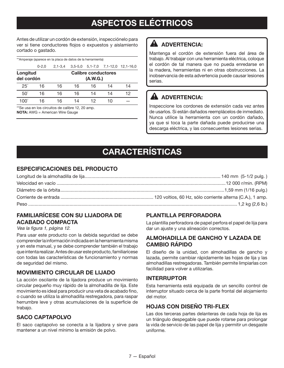 Aspectos eléctricos, Características | Ryobi CFS1501 User Manual | Page 27 / 36