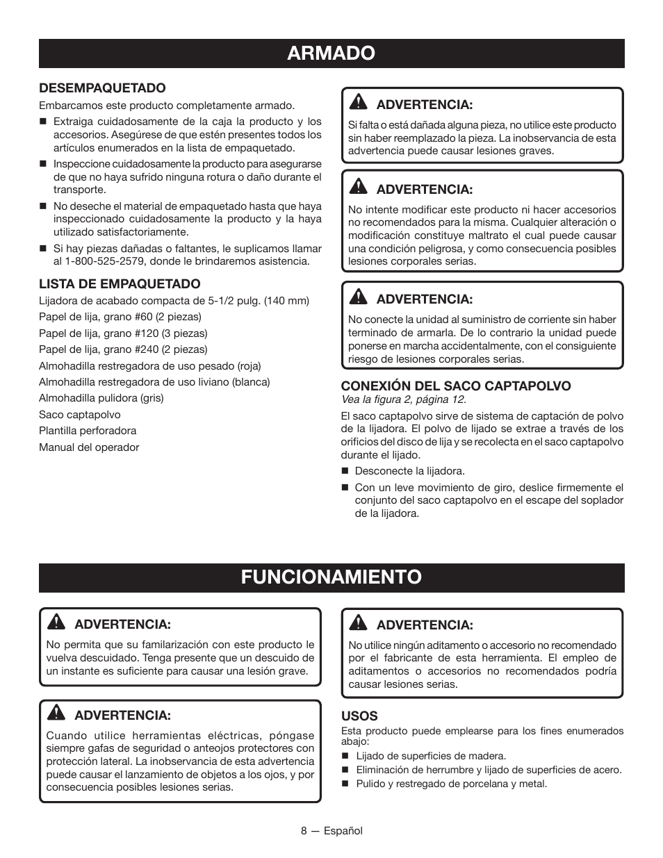 Armado, Funcionamiento | Ryobi CFS1501 User Manual | Page 28 / 36