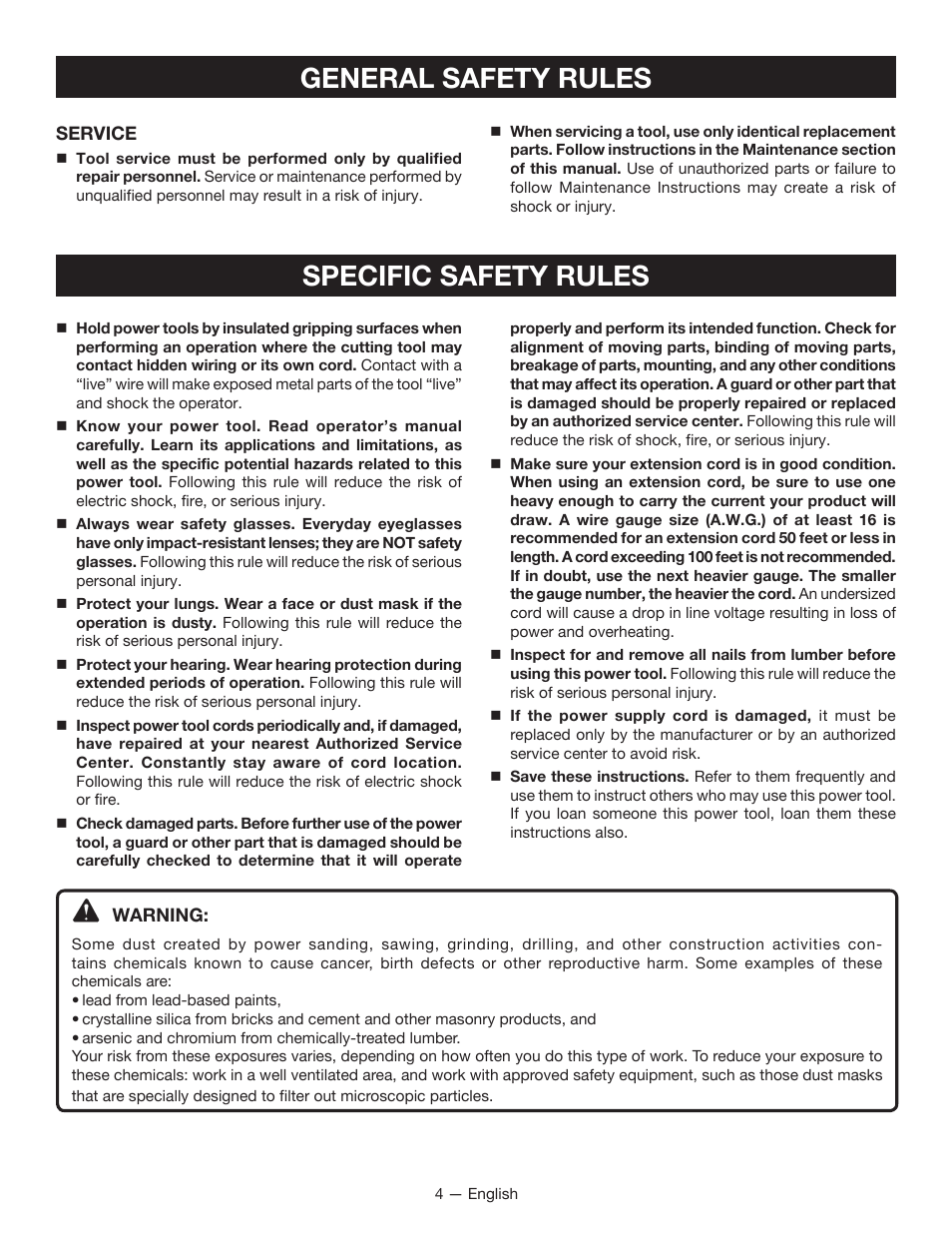 General safety rules specific safety rules | Ryobi CFS1501 User Manual | Page 4 / 36