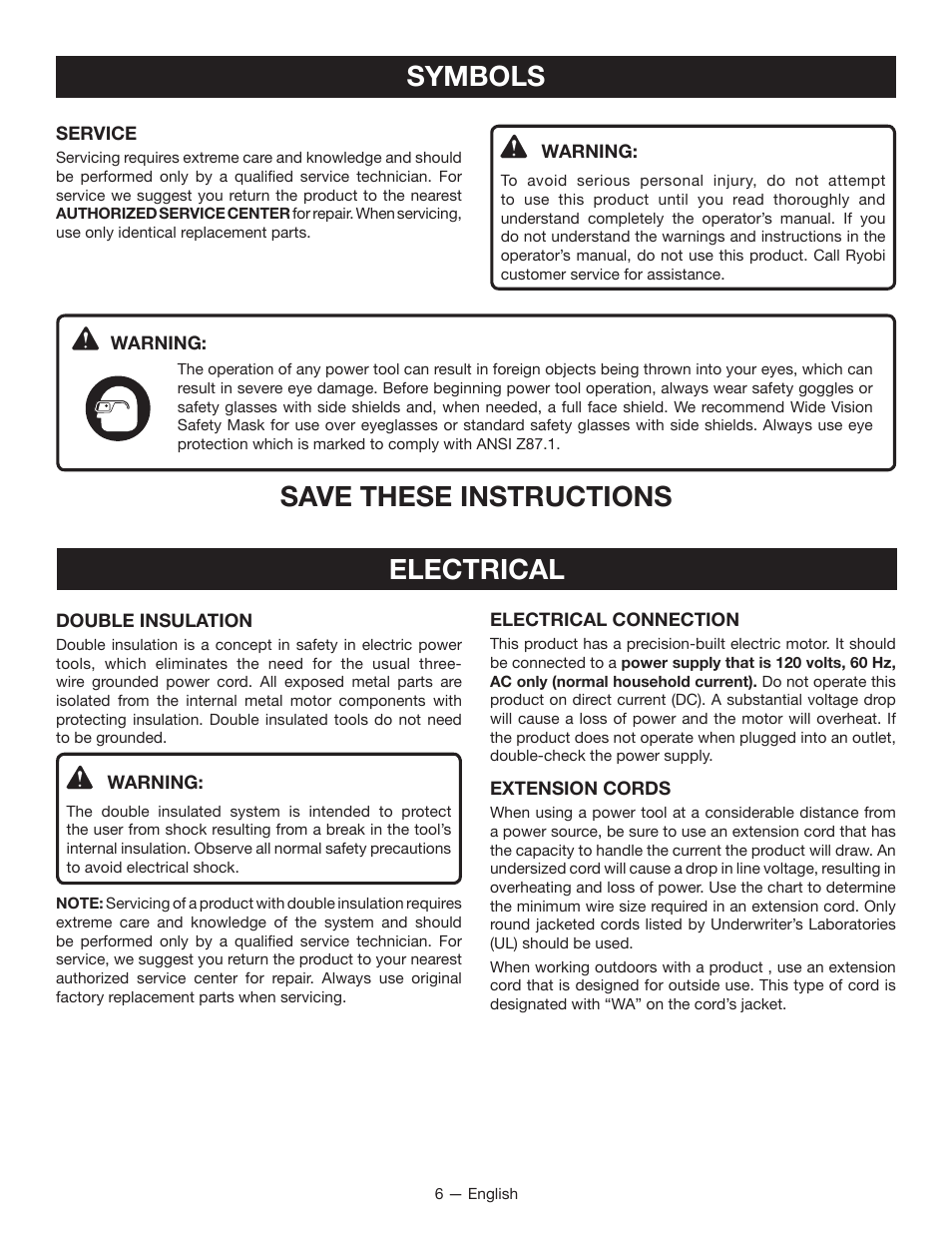 Symbols, Save these instructions, Electrical | Ryobi CFS1501 User Manual | Page 6 / 36