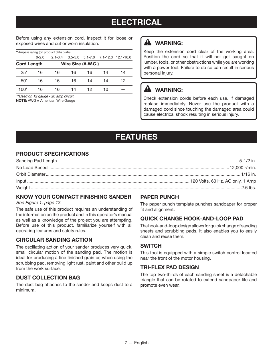 Electrical, Features | Ryobi CFS1501 User Manual | Page 7 / 36