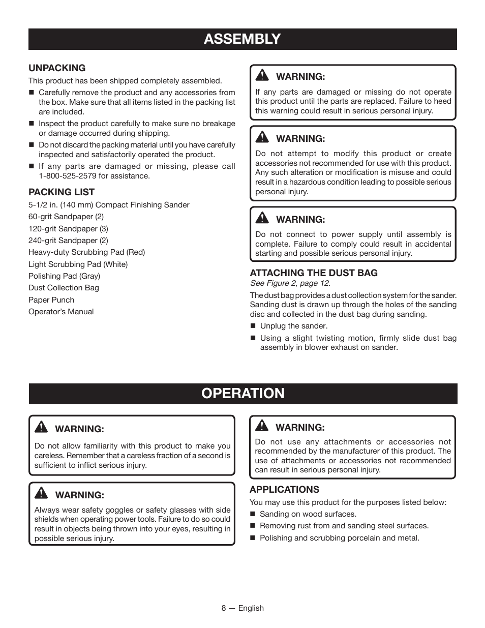 Assembly, Operation | Ryobi CFS1501 User Manual | Page 8 / 36