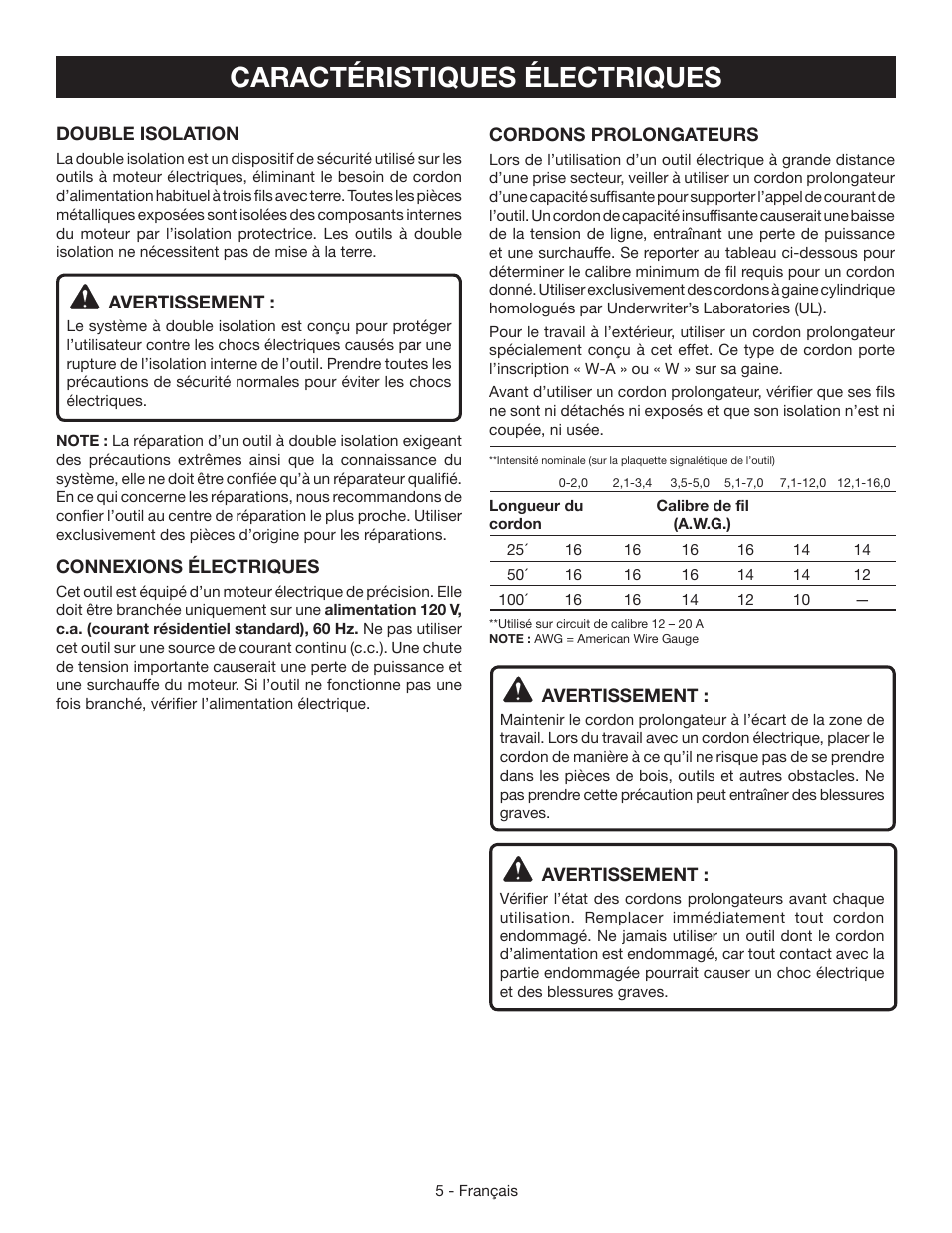 Caractéristiques électriques | Ryobi CFS1503 User Manual | Page 13 / 28