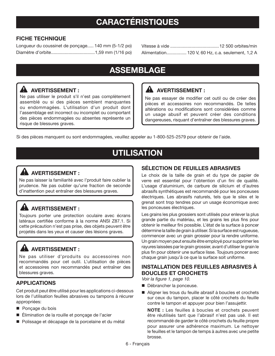 Caractéristiques, Assemblage, Utilisation | Ryobi CFS1503 User Manual | Page 14 / 28