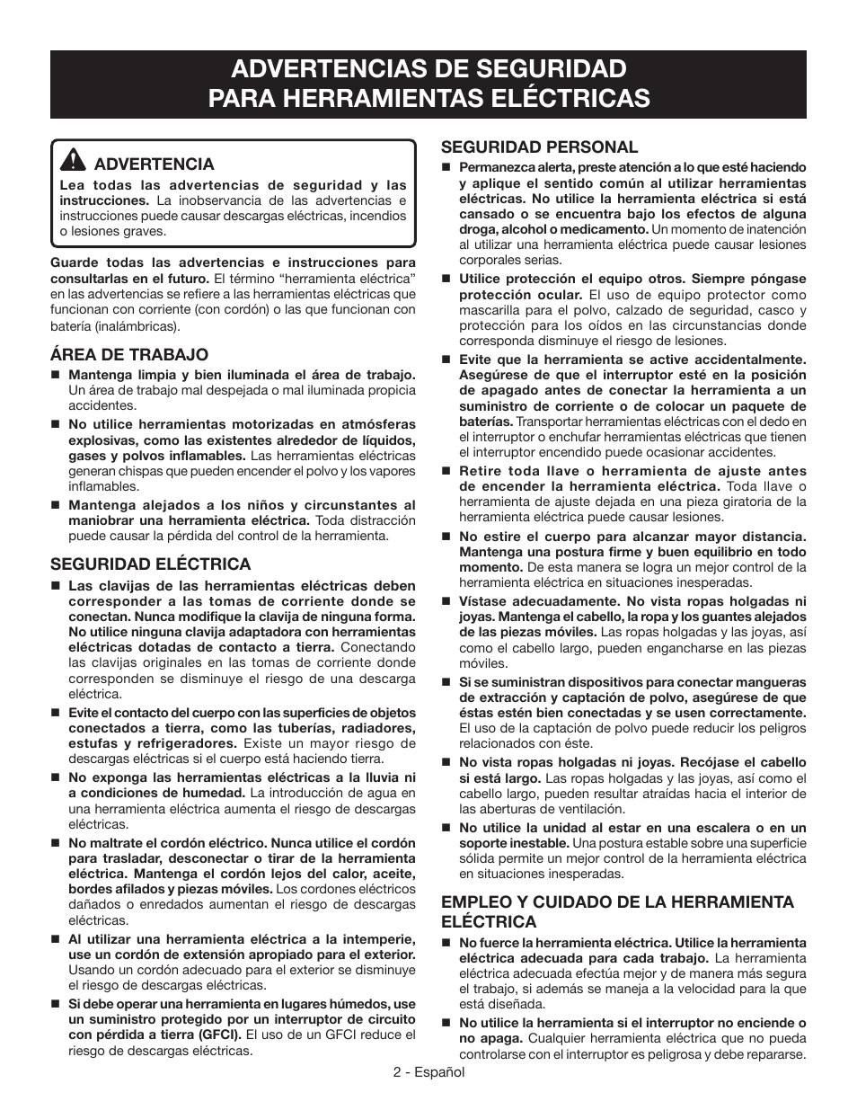 Advertencia, Área de trabajo, Seguridad eléctrica | Seguridad personal, Empleo y cuidado de la herramienta eléctrica | Ryobi CFS1503 User Manual | Page 18 / 28