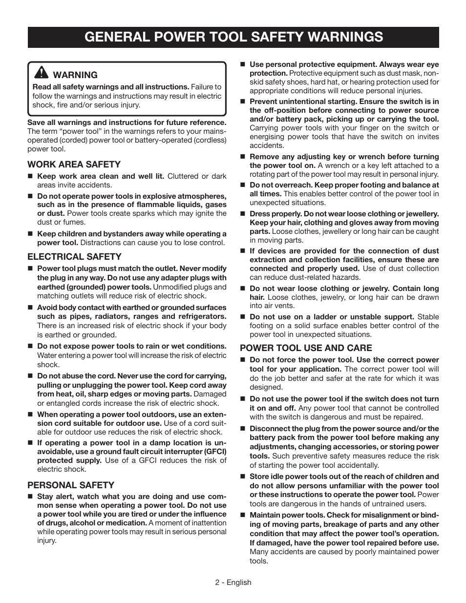 General power tool safety warnings | Ryobi CFS1503 User Manual | Page 2 / 28