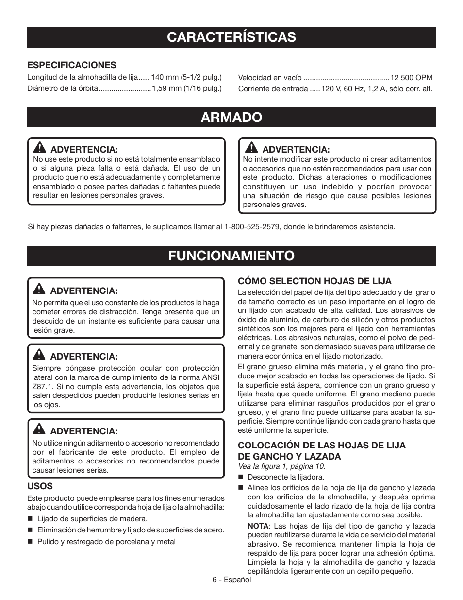 Características, Armado, Funcionamiento | Ryobi CFS1503 User Manual | Page 22 / 28