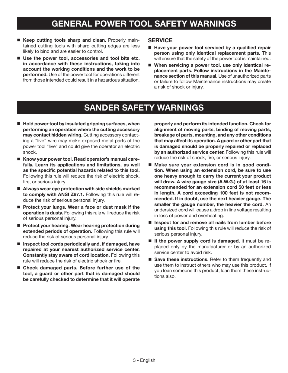 General power tool safety warnings, Sander safety warnings | Ryobi CFS1503 User Manual | Page 3 / 28