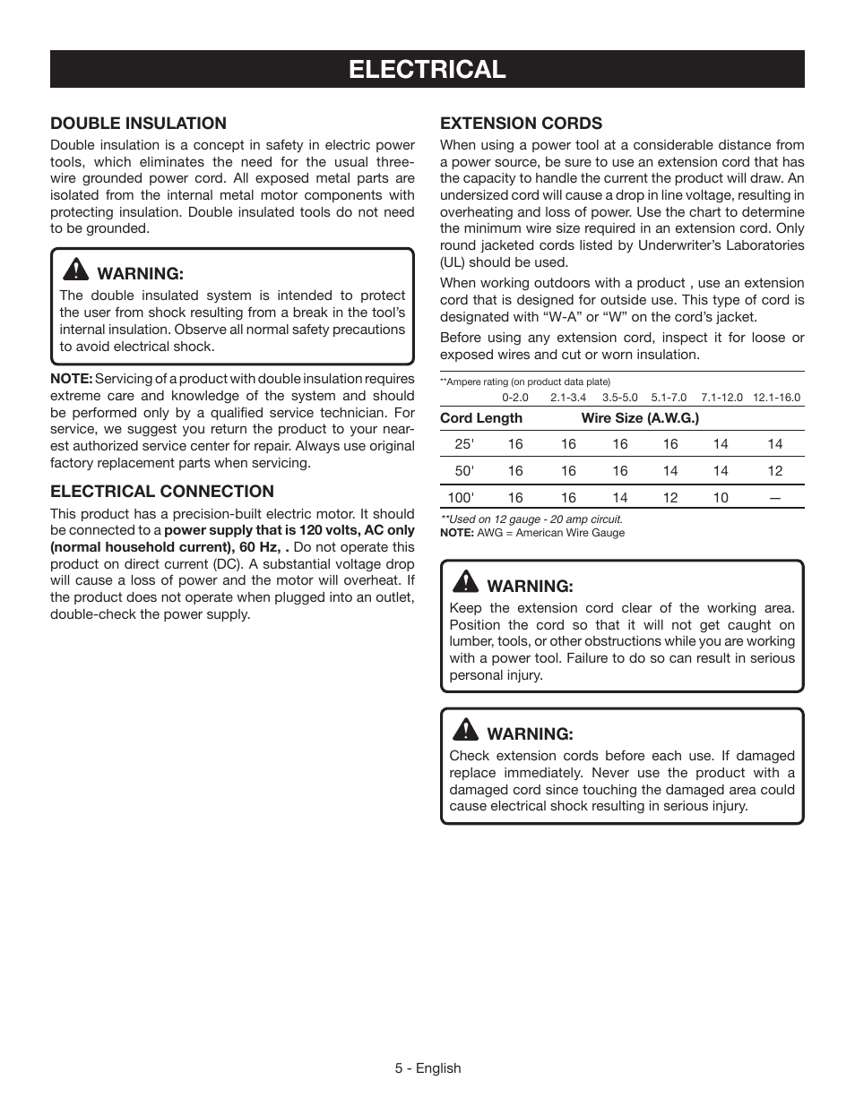 Electrical | Ryobi CFS1503 User Manual | Page 5 / 28