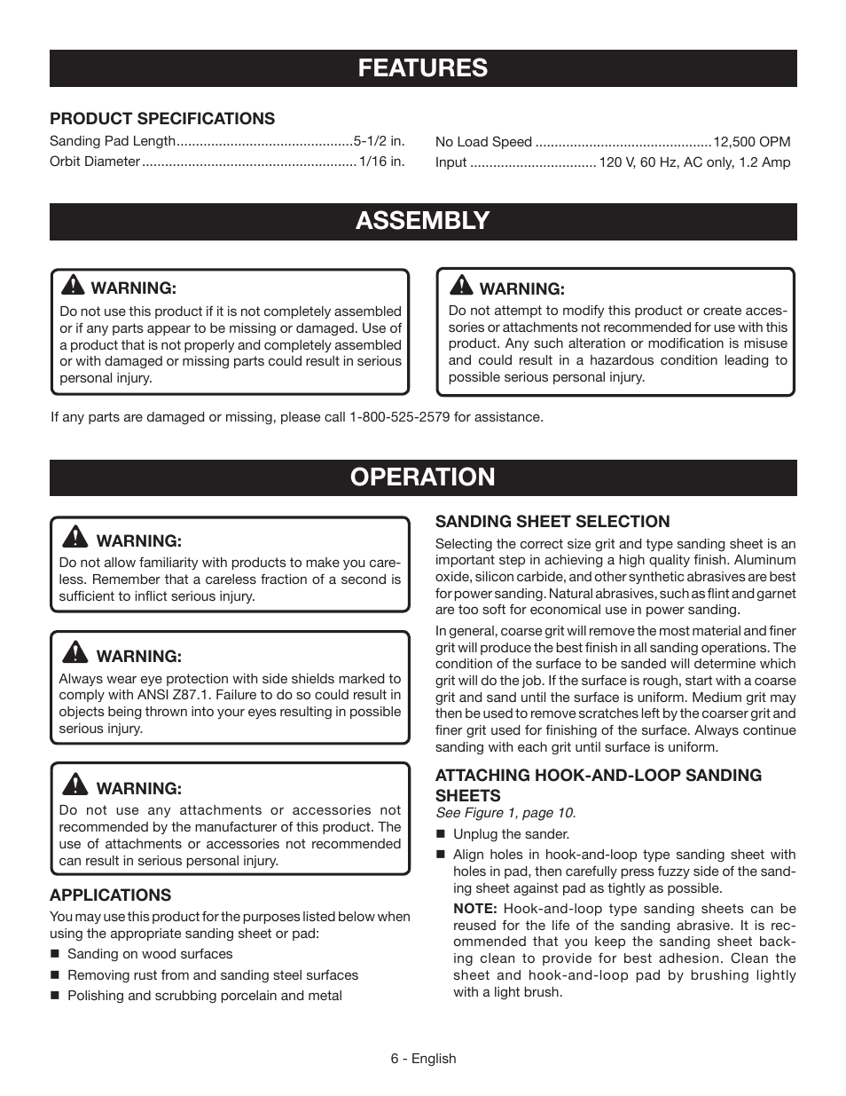 Features, Assembly, Operation | Ryobi CFS1503 User Manual | Page 6 / 28