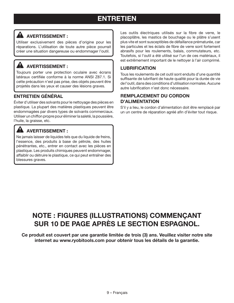 Entretien | Ryobi DS11008 User Manual | Page 17 / 28