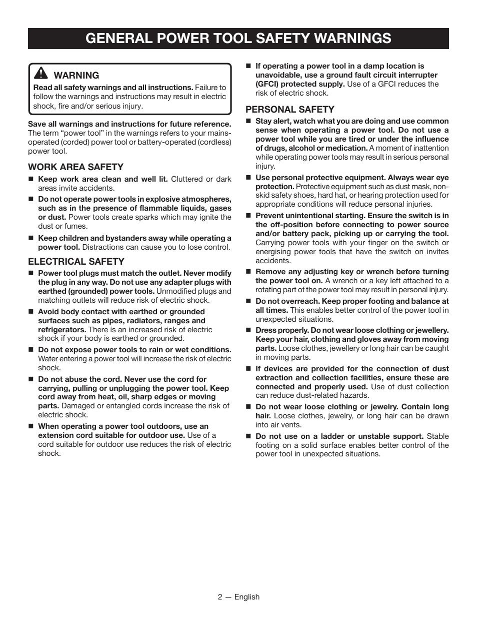 General power tool safety warnings | Ryobi DS11008 User Manual | Page 2 / 28