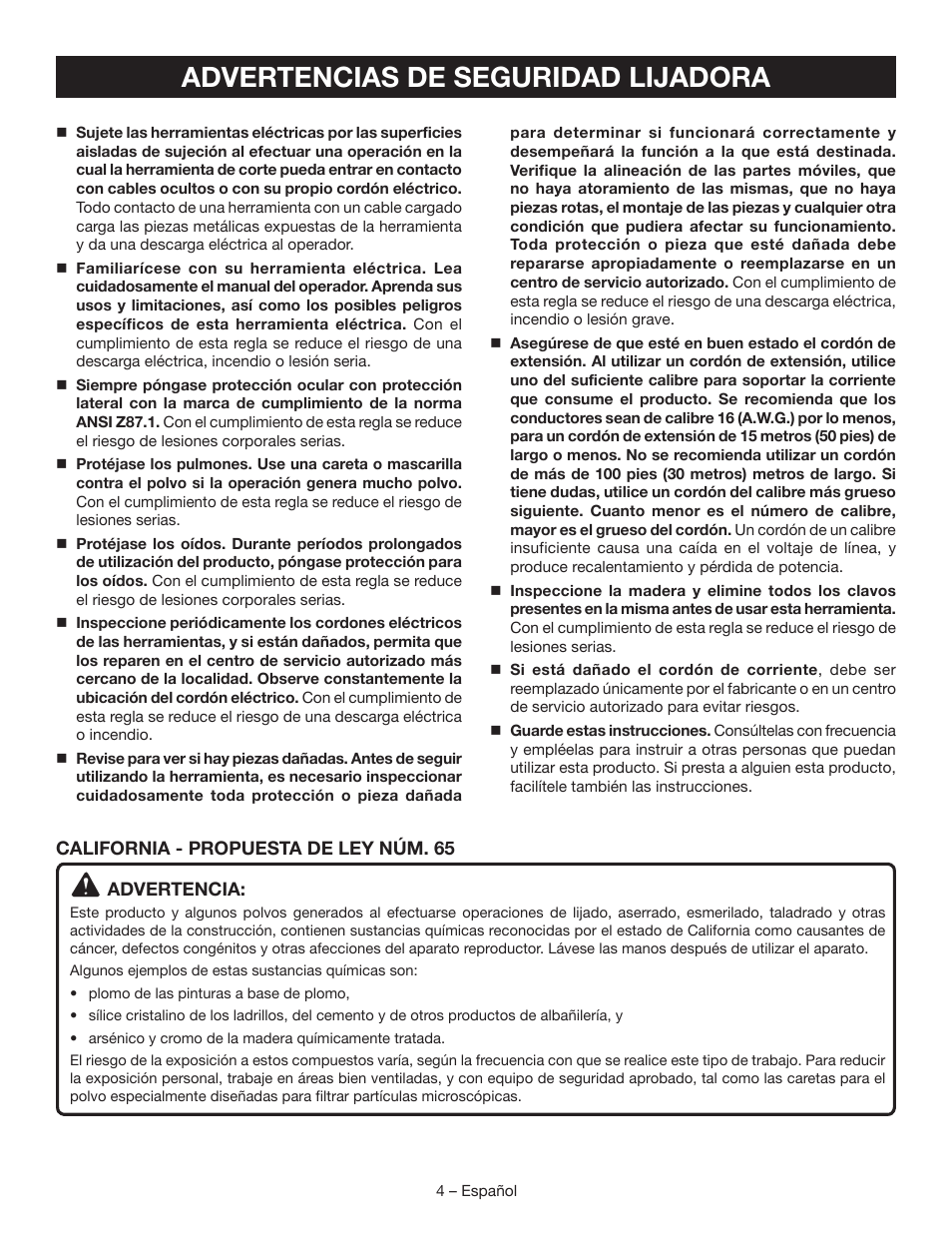 Advertencias de seguridad lijadora | Ryobi DS11008 User Manual | Page 20 / 28