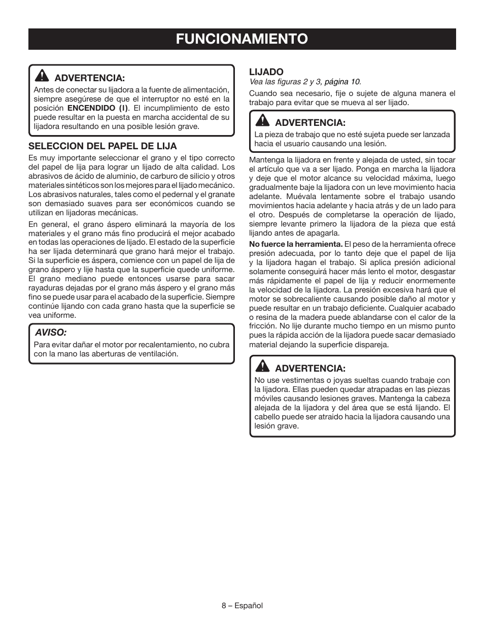 Funcionamiento | Ryobi DS11008 User Manual | Page 24 / 28