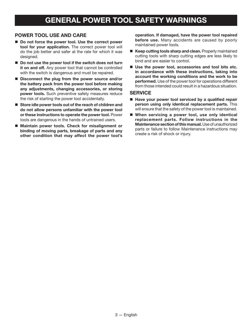 General power tool safety warnings | Ryobi DS11008 User Manual | Page 3 / 28