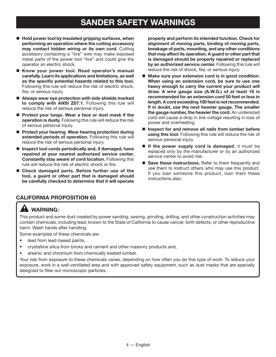 Sander safety warnings | Ryobi DS11008 User Manual | Page 4 / 28