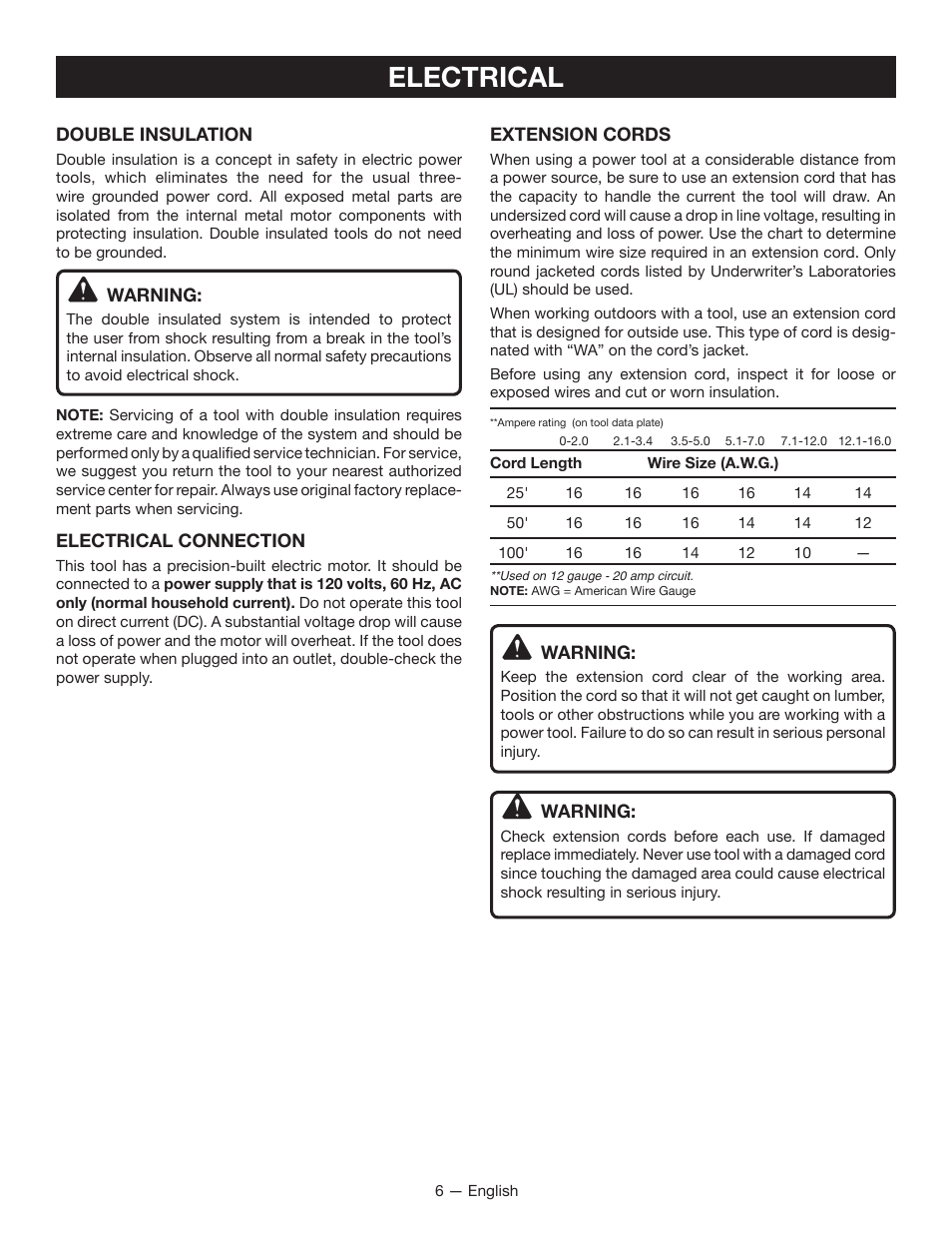 Electrical | Ryobi DS11008 User Manual | Page 6 / 28