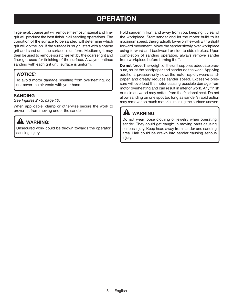 Operation | Ryobi DS11008 User Manual | Page 8 / 28