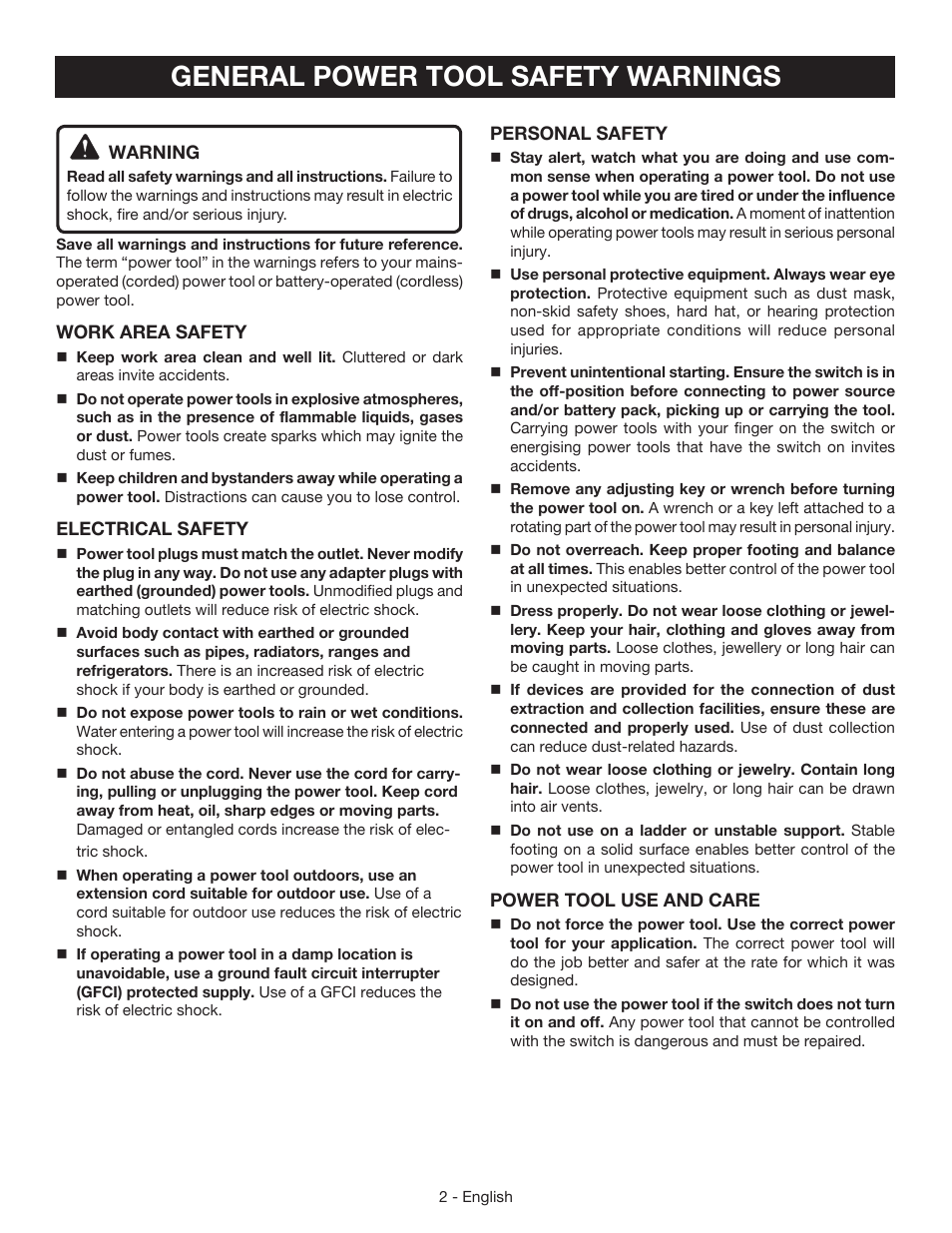 General power tool safety warnings | Ryobi RS290 User Manual | Page 2 / 28