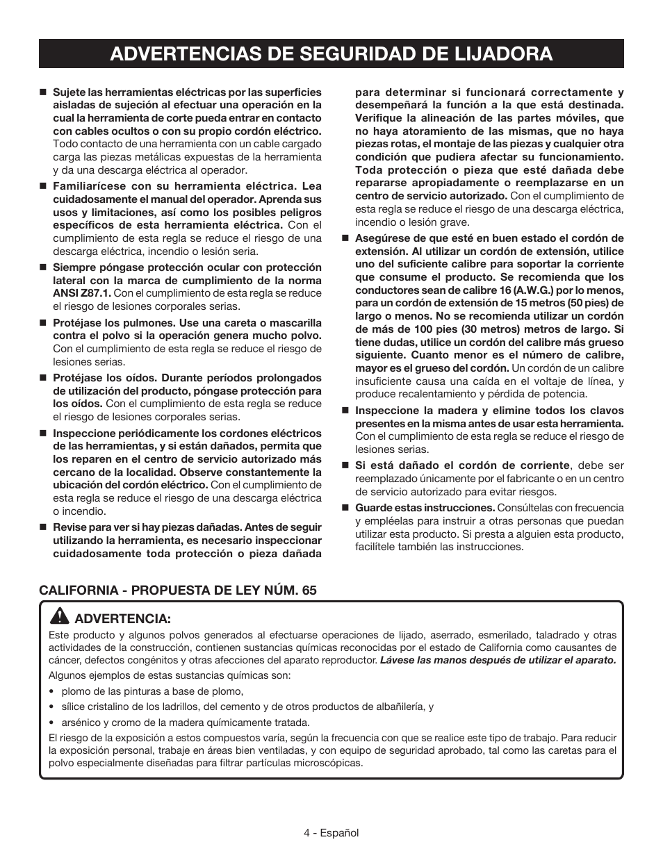 Advertencias de seguridad de lijadora | Ryobi RS290 User Manual | Page 20 / 28