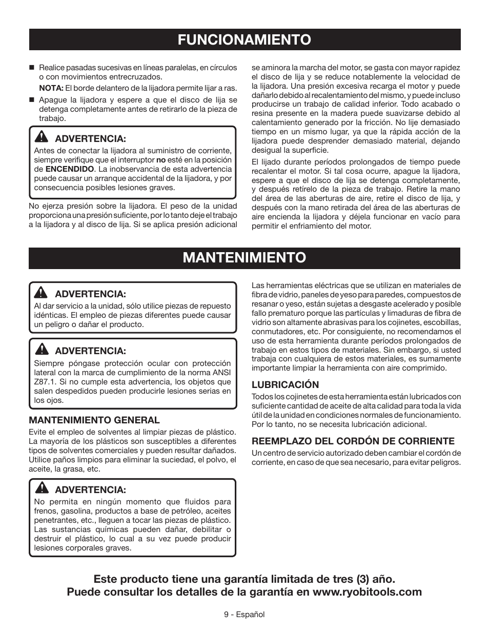 Funcionamiento, Mantenimiento | Ryobi RS290 User Manual | Page 25 / 28