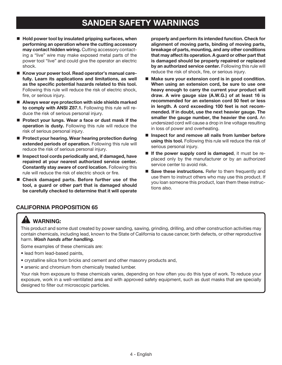 Sander safety warnings | Ryobi RS290 User Manual | Page 4 / 28