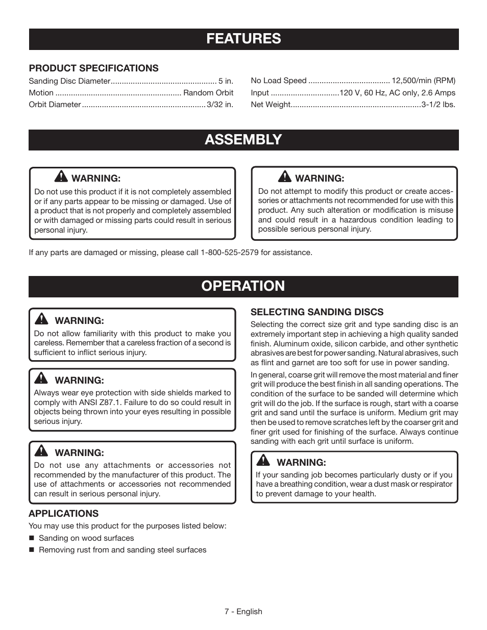 Features, Assembly, Operation | Ryobi RS290 User Manual | Page 7 / 28