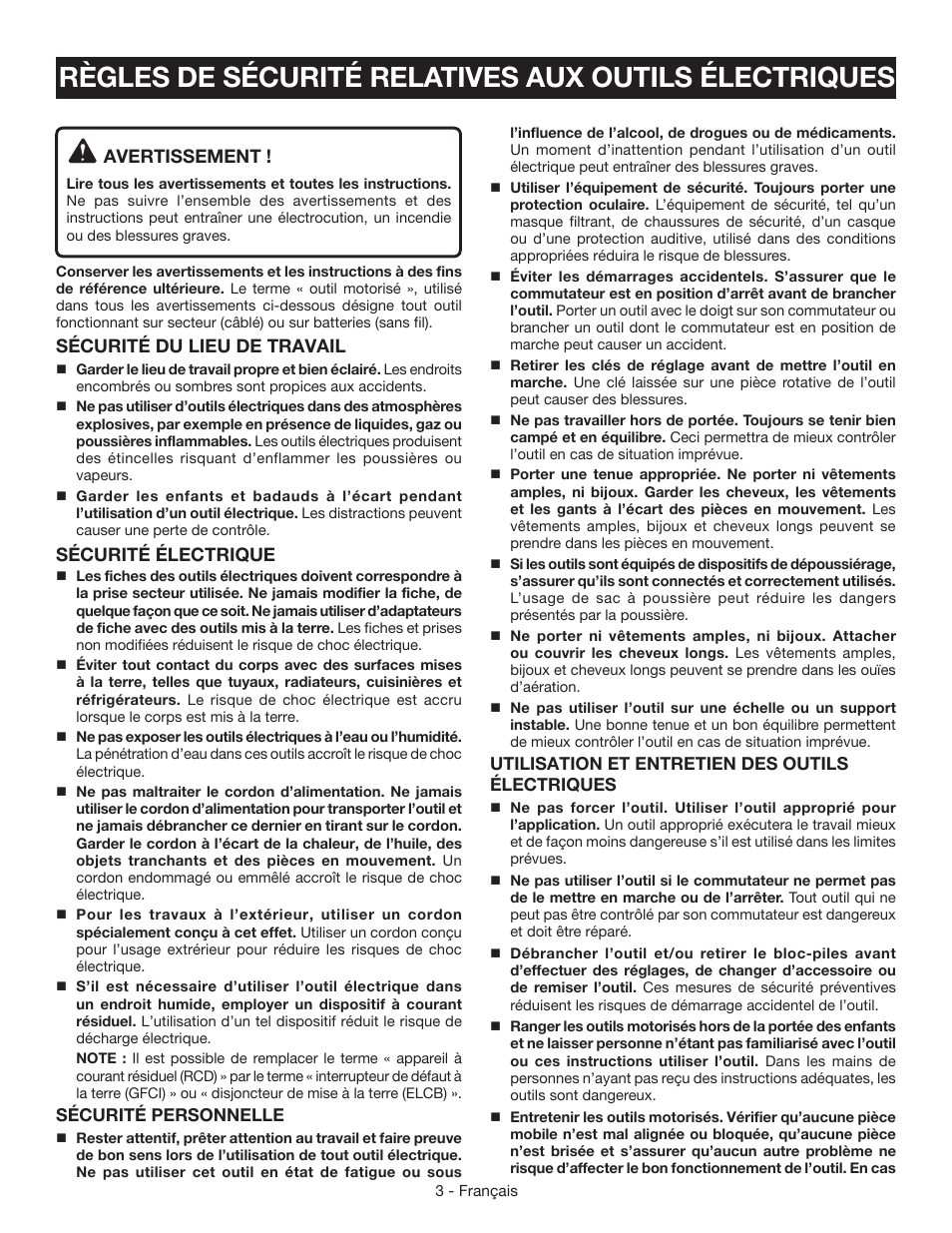 Avertissement, Sécurité du lieu de travail, Sécurité électrique | Ryobi S630D User Manual | Page 12 / 32