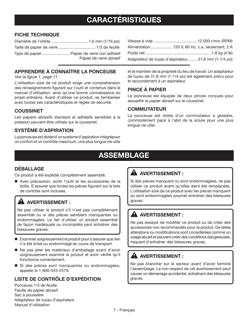 Caractéristiques assemblage | Ryobi S630D User Manual | Page 16 / 32