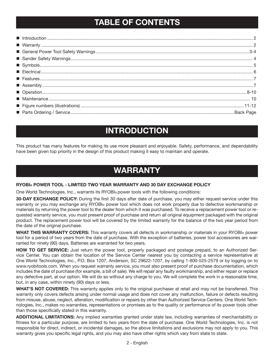 Table of contents introduction, Warranty | Ryobi S630D User Manual | Page 2 / 32