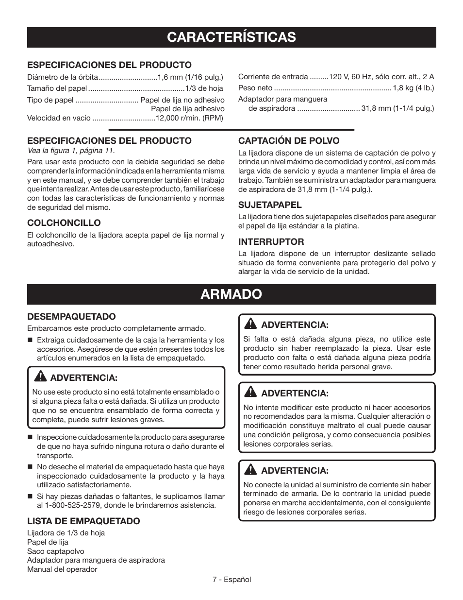 Características armado | Ryobi S630D User Manual | Page 25 / 32