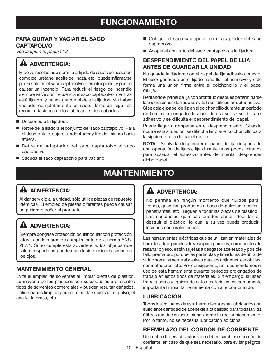 Funcionamiento, Mantenimiento | Ryobi S630D User Manual | Page 28 / 32