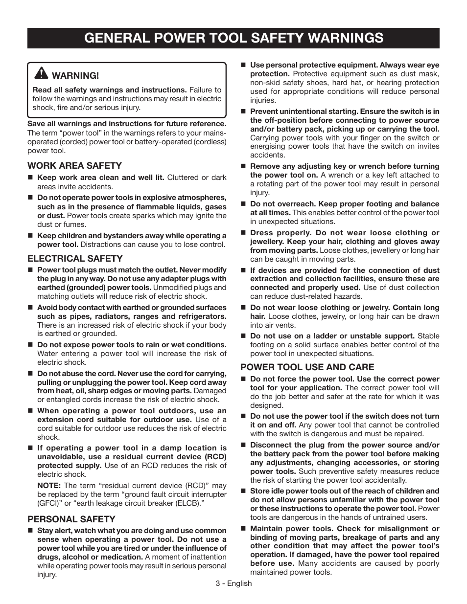 General power tool safety warnings | Ryobi S630D User Manual | Page 3 / 32