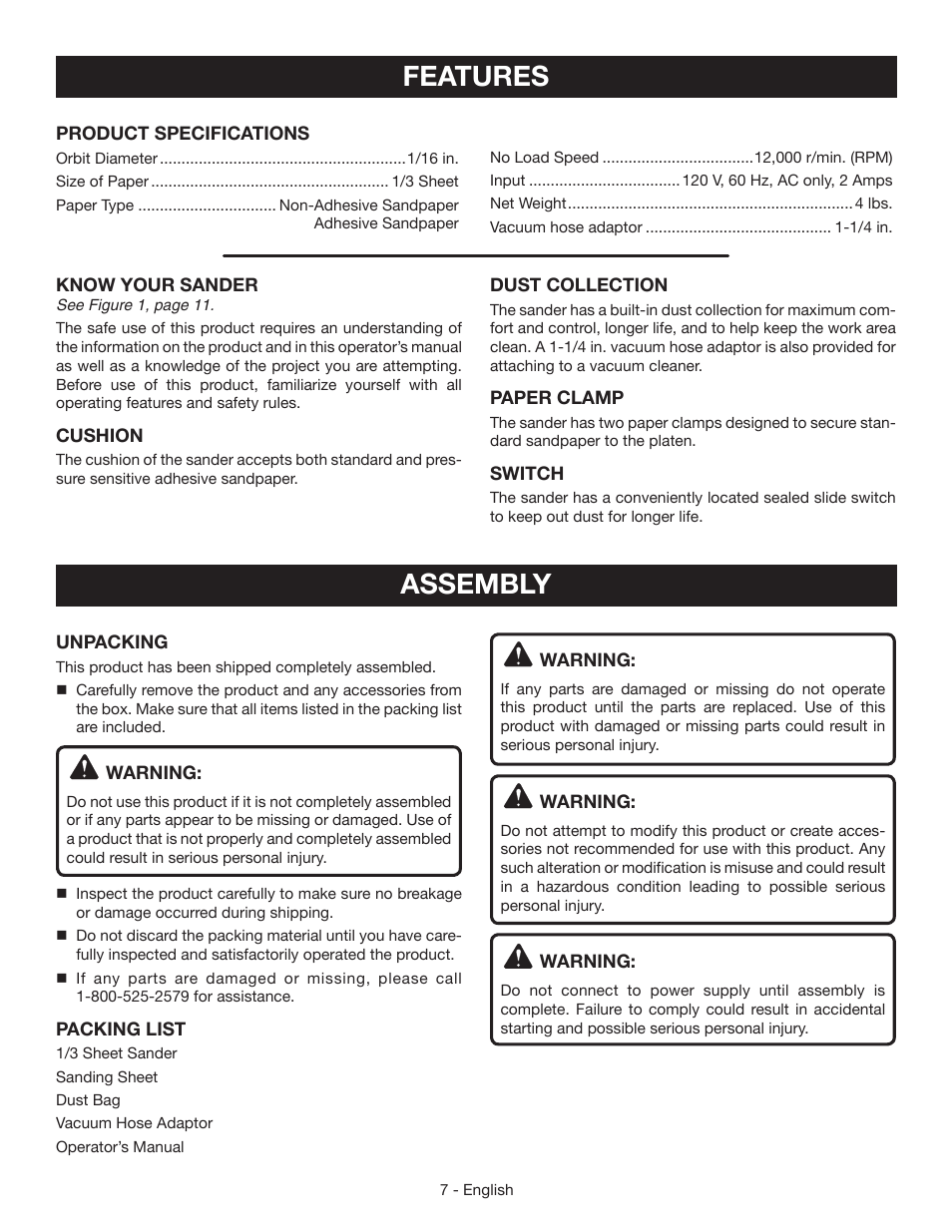 Features, Assembly | Ryobi S630D User Manual | Page 7 / 32