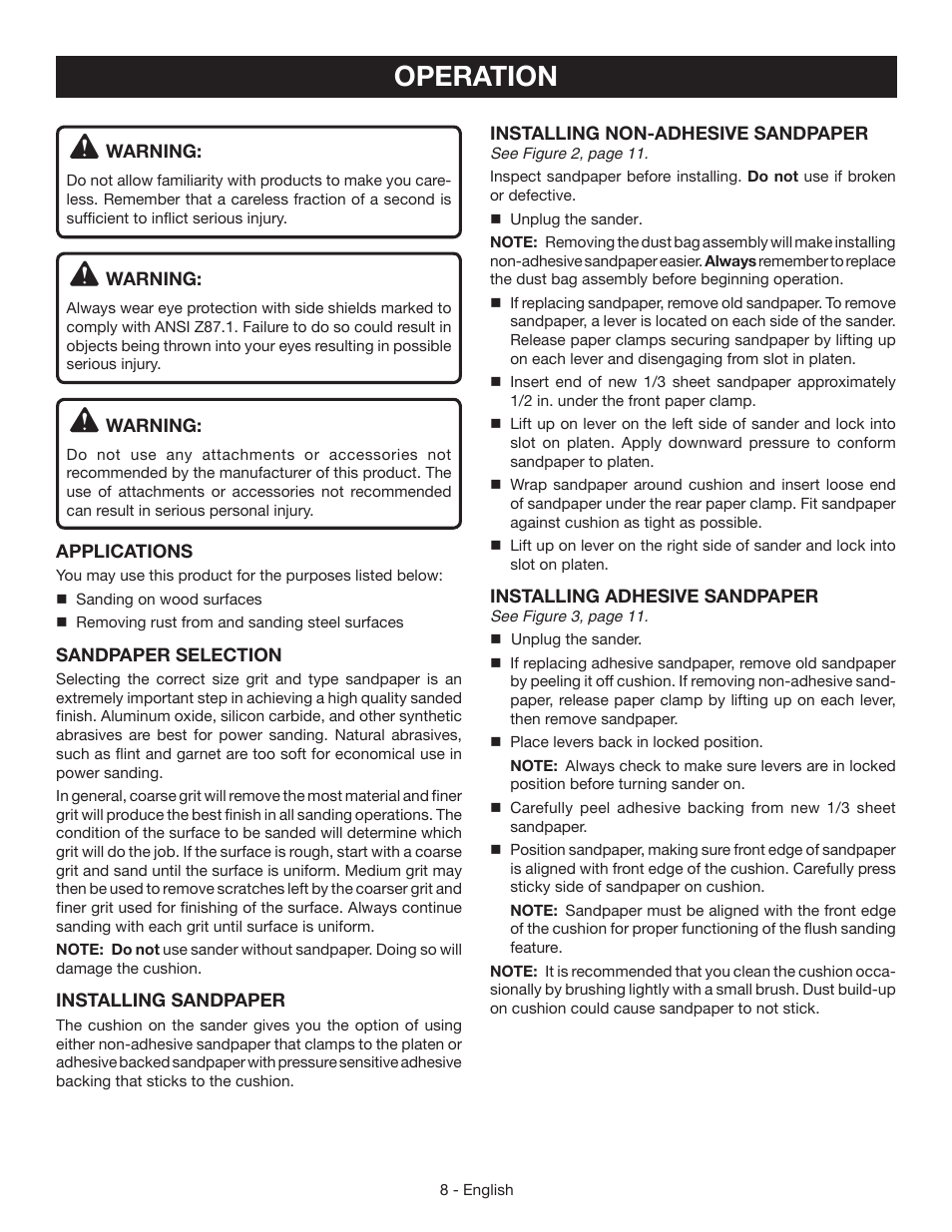 Operation | Ryobi S630D User Manual | Page 8 / 32