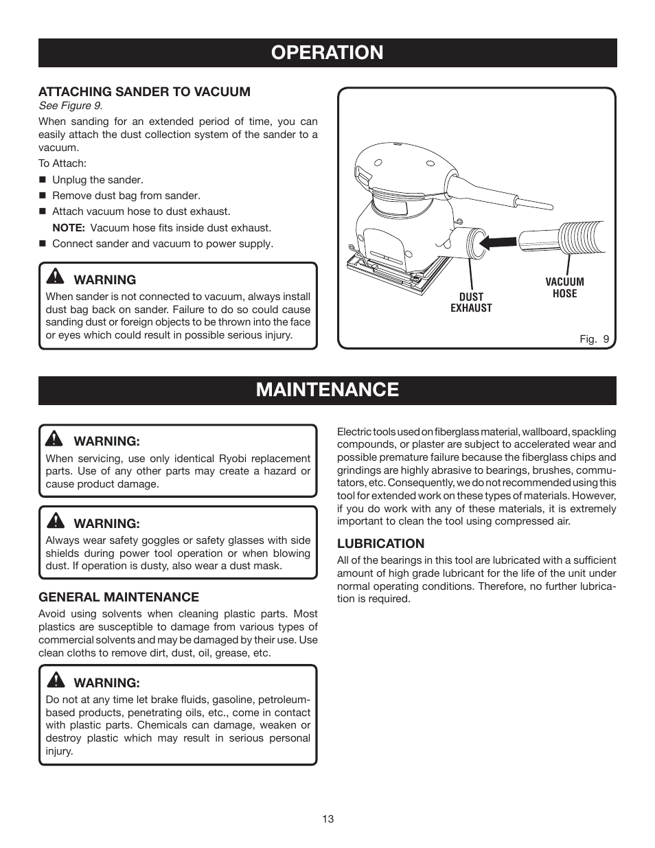Maintenance, Operation | Ryobi S651D User Manual | Page 13 / 14