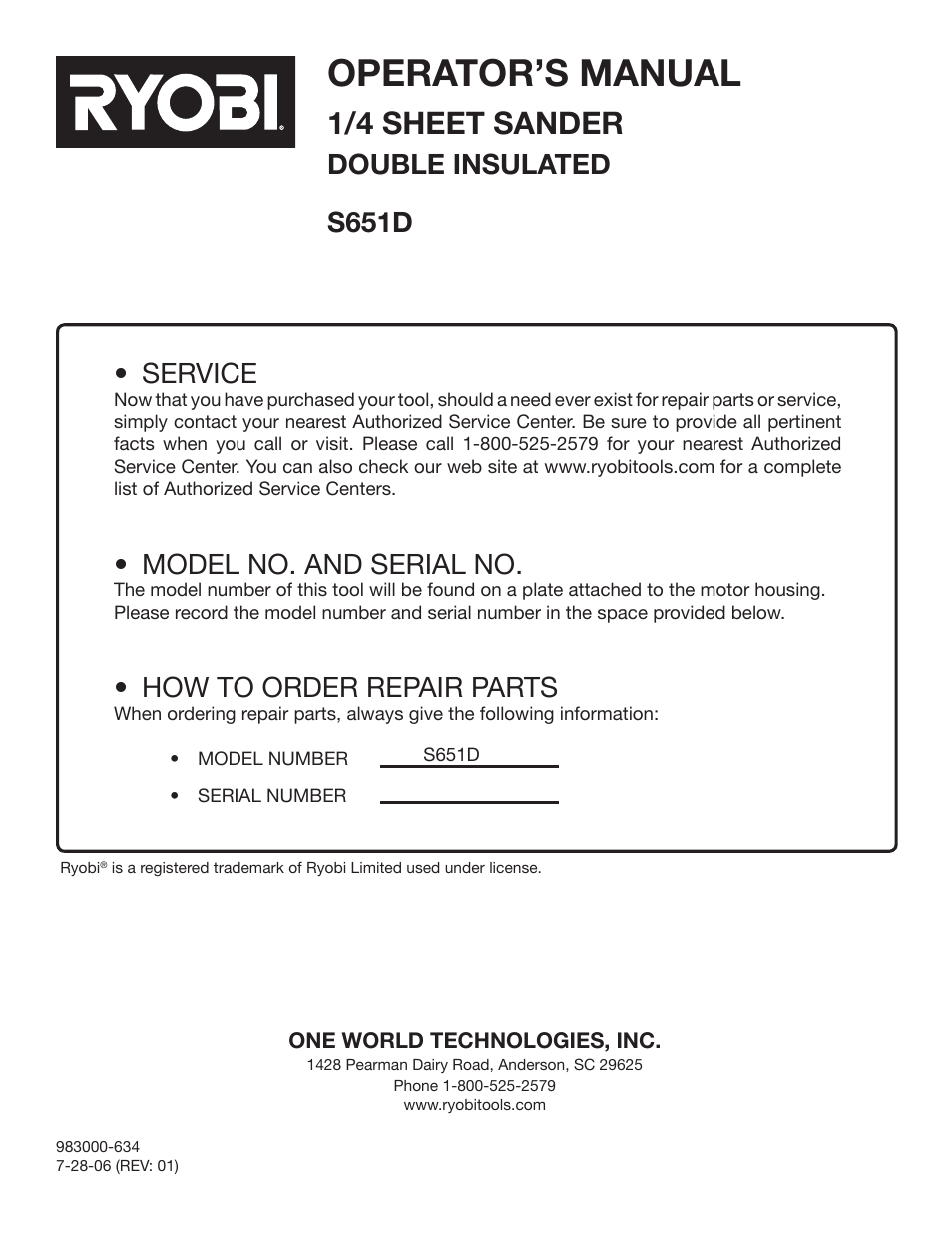 Operator’s manual, 1/4 sheet sander, Service | Model no. and serial no, How to order repair parts, Double insulated s651d | Ryobi S651D User Manual | Page 14 / 14