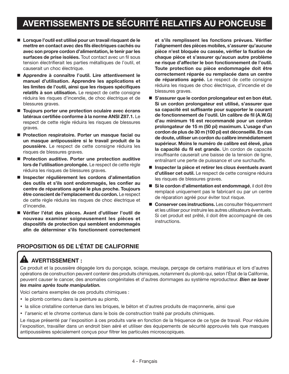 Avertissements de sécurité relatifs au ponceuse | Ryobi S652D User Manual | Page 13 / 32