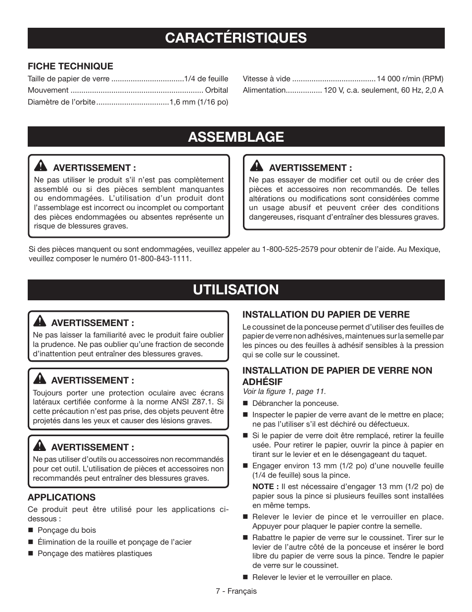 Caractéristiques, Assemblage, Utilisation | Ryobi S652D User Manual | Page 16 / 32