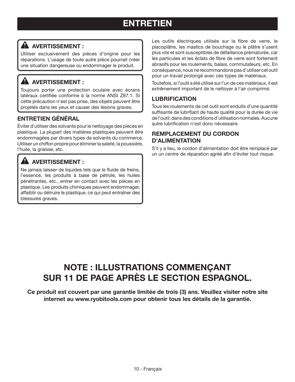 Entretien | Ryobi S652D User Manual | Page 19 / 32