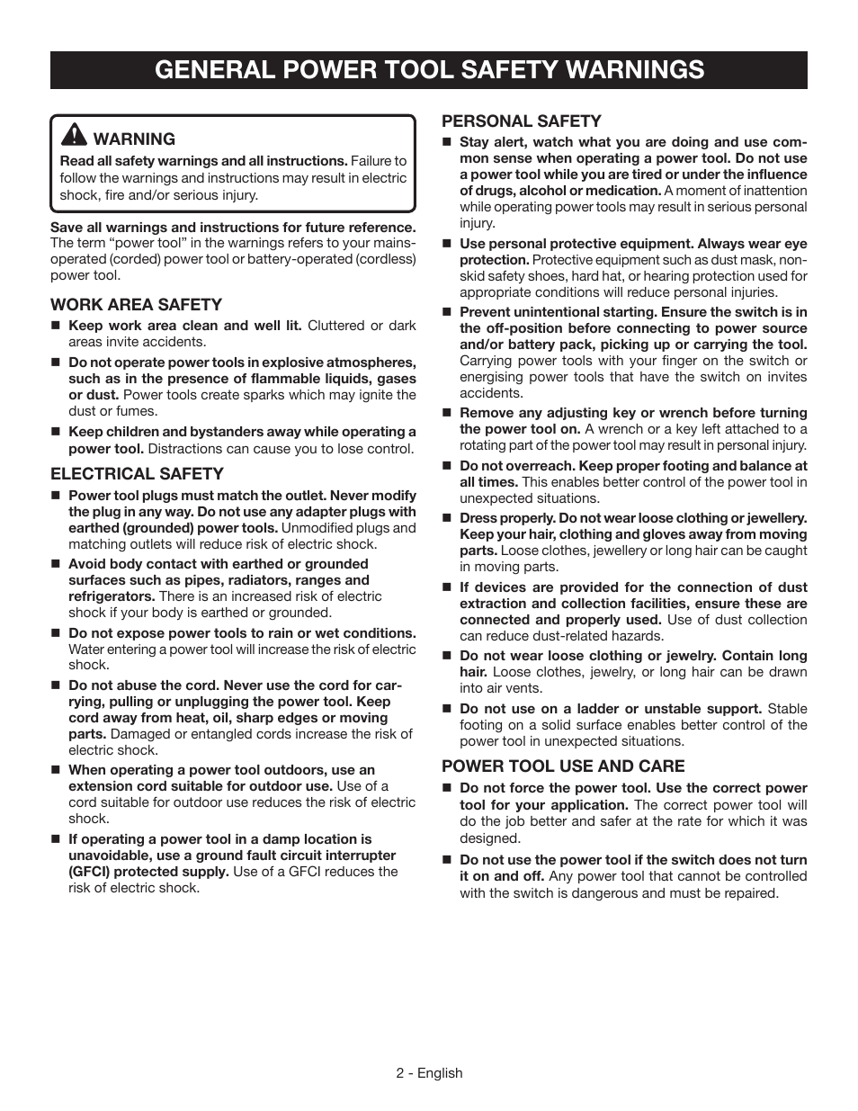 General power tool safety warnings | Ryobi S652D User Manual | Page 2 / 32