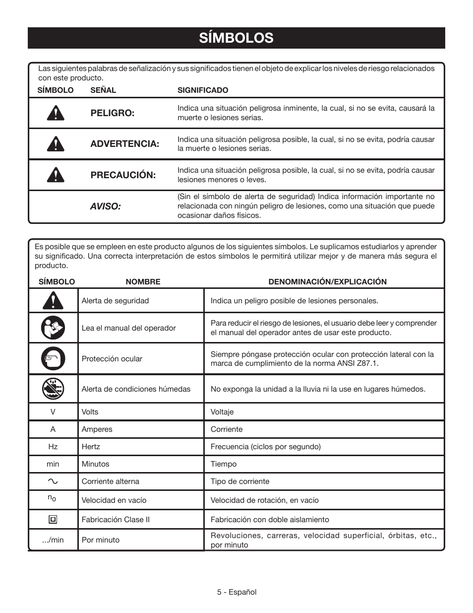 Símbolos | Ryobi S652D User Manual | Page 23 / 32