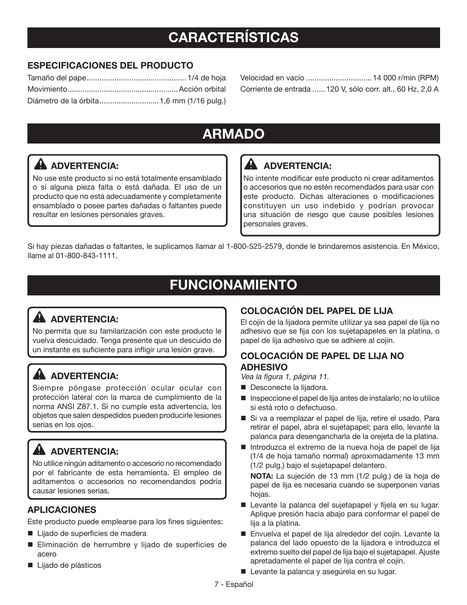 Características, Armado, Funcionamiento | Ryobi S652D User Manual | Page 25 / 32